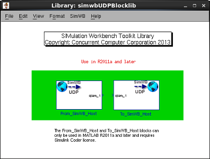 Use the From_SimWB_Host and To_SimWB_Host blocks in the simwbUDPBlocklib library for UDP communication to/from a Simulink model